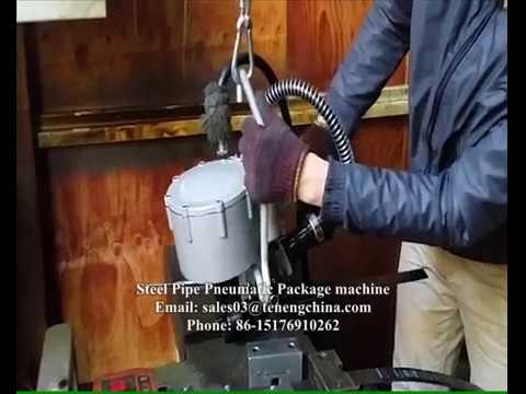 A steel strapping machine powered by pneumatics.