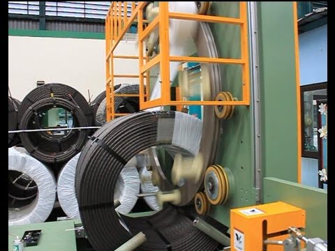 A machine for wrapping and packing steel wire coils. A machine for wrapping and packing steel wire coils.